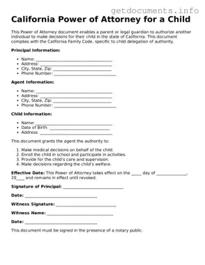 Free  Power of Attorney for a Child Template for California