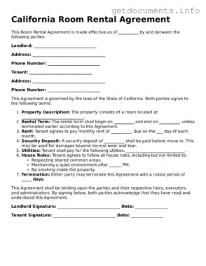 Free  Room Rental Agreement Template for California