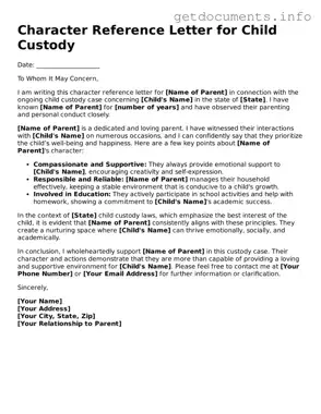 Printable Character Reference Letter for Child Custody Document
