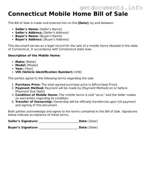 Free  Mobile Home Bill of Sale Template for Connecticut