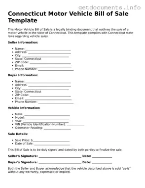 Free  Motor Vehicle Bill of Sale Template for Connecticut