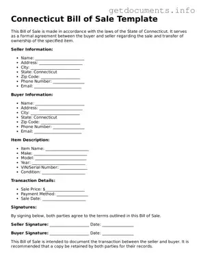 Free  Bill of Sale Template for Connecticut