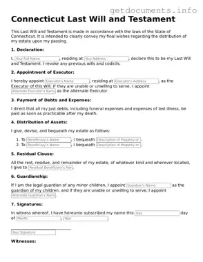 Free  Last Will and Testament Template for Connecticut