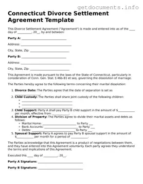 Free  Divorce Settlement Agreement Template for Connecticut