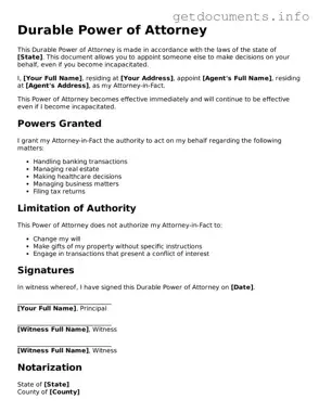 Printable Durable Power of Attorney Document