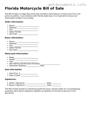 Free  Motorcycle Bill of Sale Template for Florida