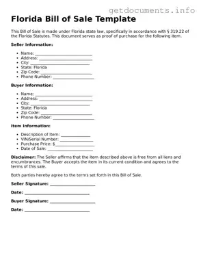Free  Bill of Sale Template for Florida