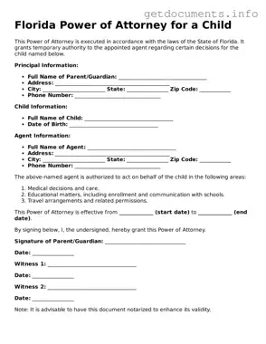 Free  Power of Attorney for a Child Template for Florida