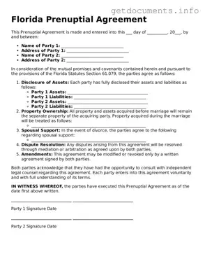 Free  Prenuptial Agreement Template for Florida