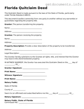 Free  Quitclaim Deed Template for Florida