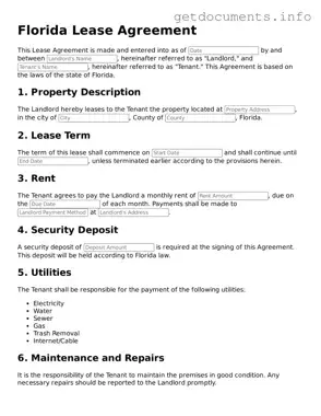 Free  Lease Agreement Template for Florida
