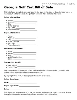 Free  Golf Cart Bill of Sale Template for Georgia