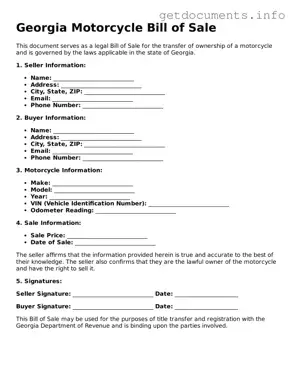 Free  Motorcycle Bill of Sale Template for Georgia
