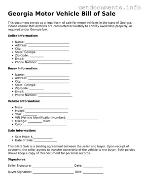 Free  Motor Vehicle Bill of Sale Template for Georgia