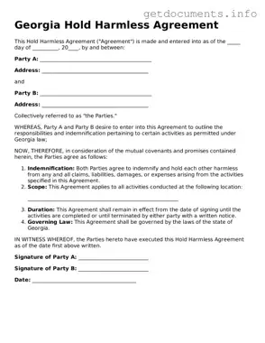 Free  Hold Harmless Agreement Template for Georgia