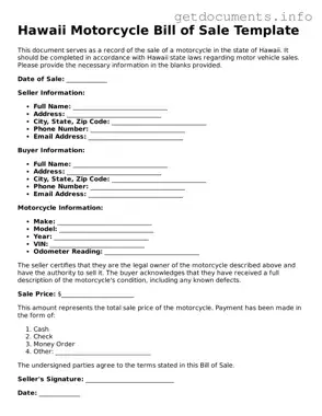 Free  Motorcycle Bill of Sale Template for Hawaii