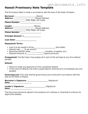 Free  Promissory Note Template for Hawaii