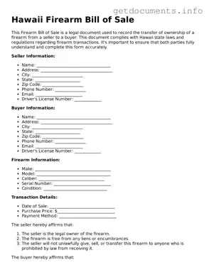 Free  Firearm Bill of Sale Template for Hawaii