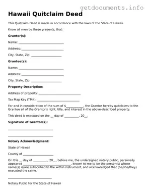 Free  Quitclaim Deed Template for Hawaii