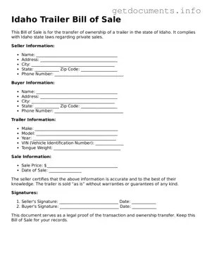 Free  Trailer Bill of Sale Template for Idaho