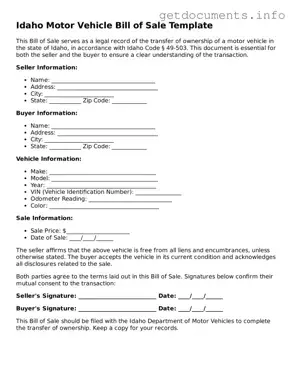 Free  Motor Vehicle Bill of Sale Template for Idaho
