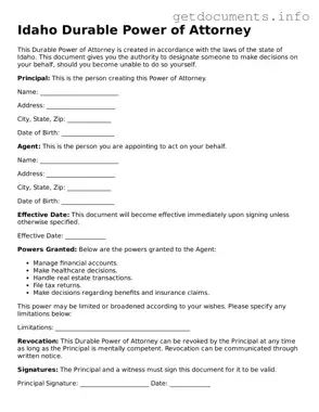 Free  Durable Power of Attorney Template for Idaho