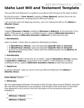 Free  Last Will and Testament Template for Idaho
