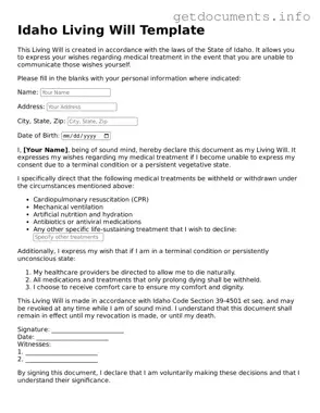 Free  Living Will Template for Idaho