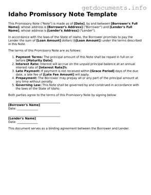Free  Promissory Note Template for Idaho