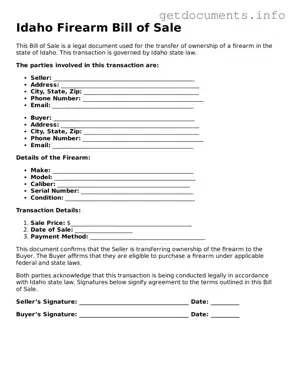 Free  Firearm Bill of Sale Template for Idaho