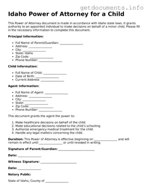 Free  Power of Attorney for a Child Template for Idaho