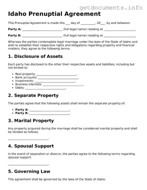 Free  Prenuptial Agreement Template for Idaho