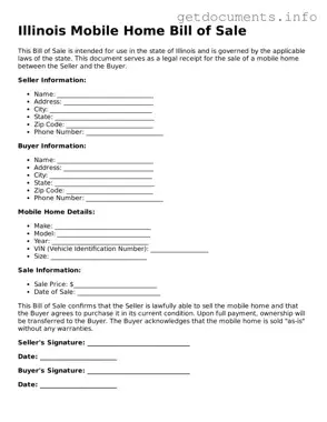 Free  Mobile Home Bill of Sale Template for Illinois