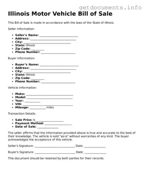 Free  Motor Vehicle Bill of Sale Template for Illinois