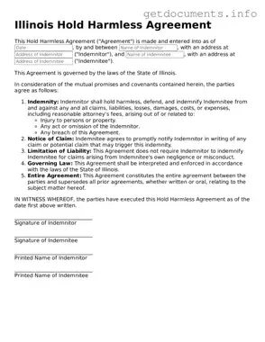 Free  Hold Harmless Agreement Template for Illinois
