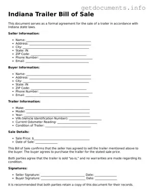 Free  Trailer Bill of Sale Template for Indiana