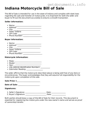 Free  Motorcycle Bill of Sale Template for Indiana