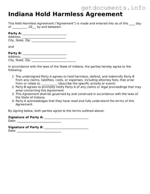 Free  Hold Harmless Agreement Template for Indiana