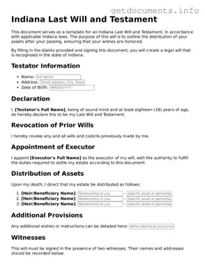 Free  Last Will and Testament Template for Indiana