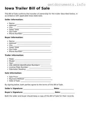 Free  Trailer Bill of Sale Template for Iowa