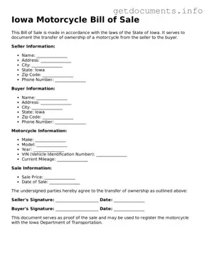 Free  Motorcycle Bill of Sale Template for Iowa