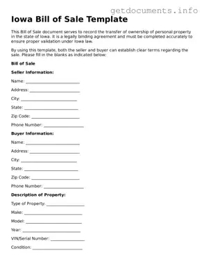 Free  Bill of Sale Template for Iowa