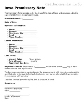 Free  Promissory Note Template for Iowa