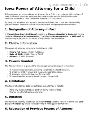 Free  Power of Attorney for a Child Template for Iowa