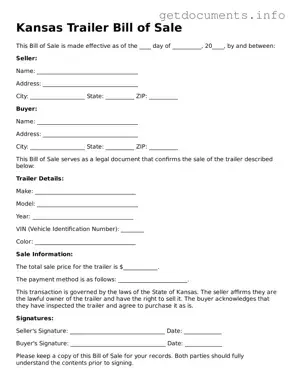 Free  Trailer Bill of Sale Template for Kansas
