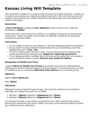 Free  Living Will Template for Kansas