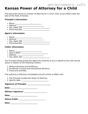 Free  Power of Attorney for a Child Template for Kansas