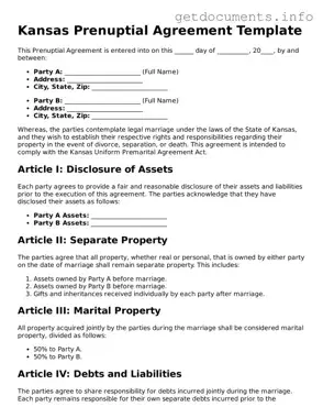 Free  Prenuptial Agreement Template for Kansas