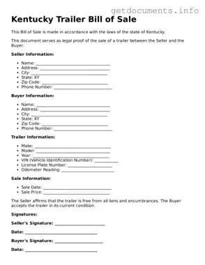 Free  Trailer Bill of Sale Template for Kentucky