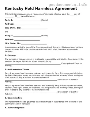 Free  Hold Harmless Agreement Template for Kentucky
